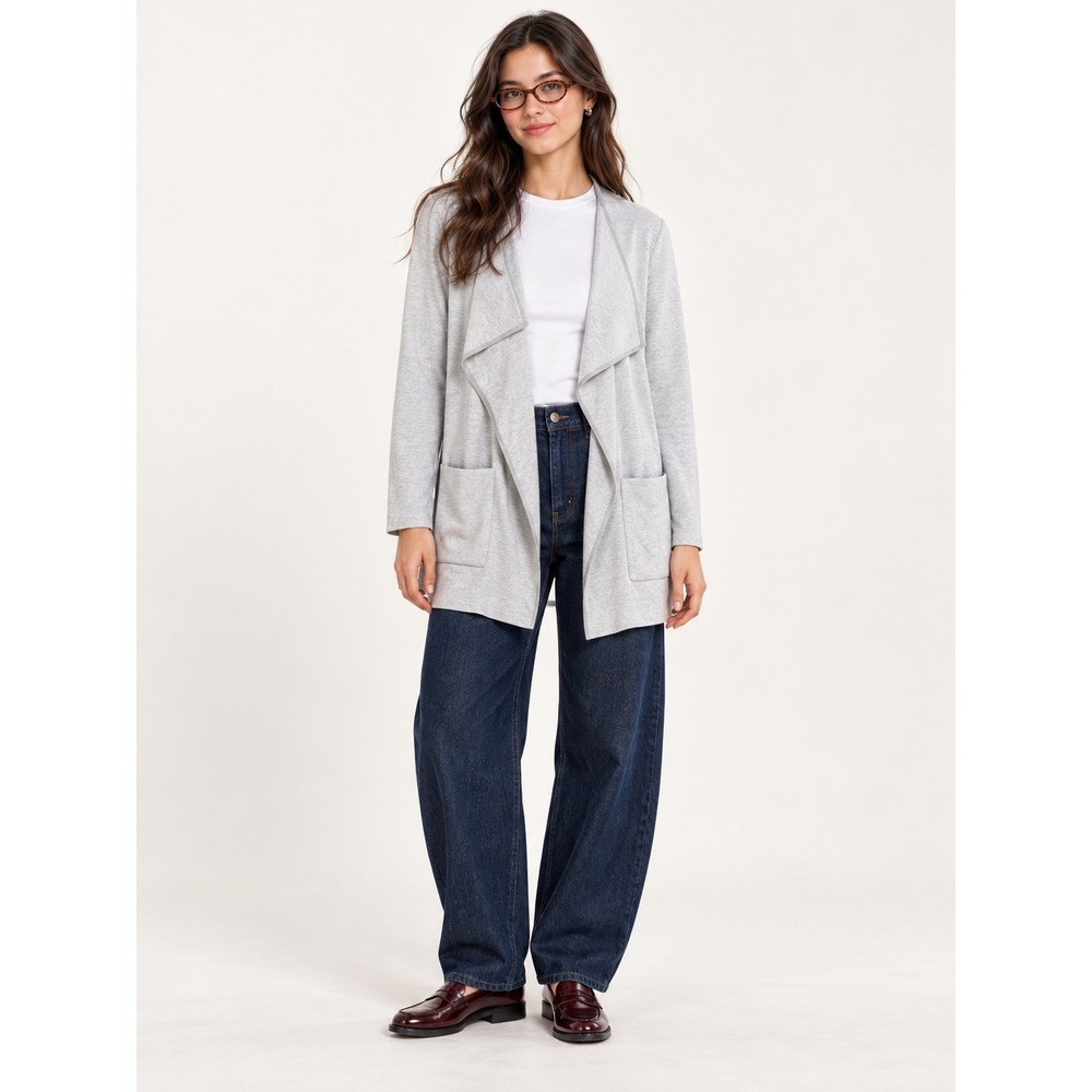 Ann Taylor Factory Petite Heather Gray Draped Open Front Cardigan Sweater LP